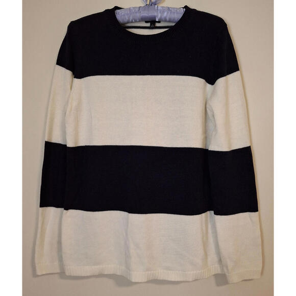 Talbots Women's Small Sweater Pullover Striped Navy Ivory Contrast Trim Cotton - Picture 1 of 9